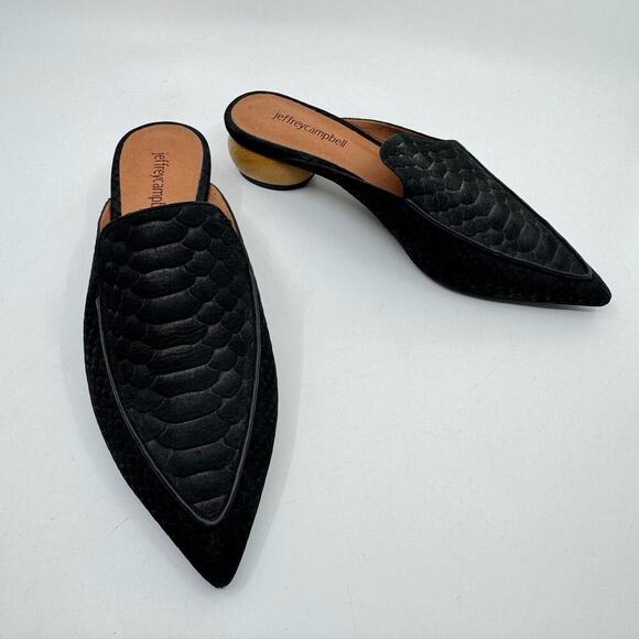 JEFFREY CAMPBELL Vionit Pointed Toe Leather Snakeskin Wood Heel Mule Loafers - Picture 1 of 9